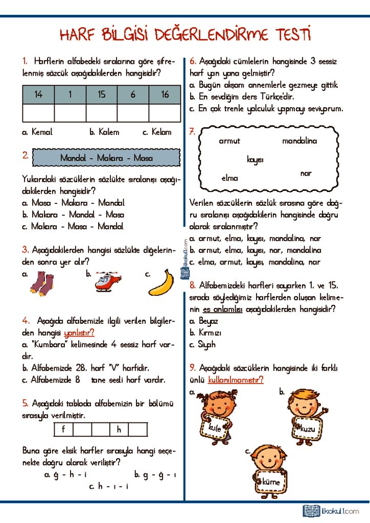 3. Sınıf Harf Bilgisi Test | Sınıf Öğretmenleri İçin Ücretsiz Özgün