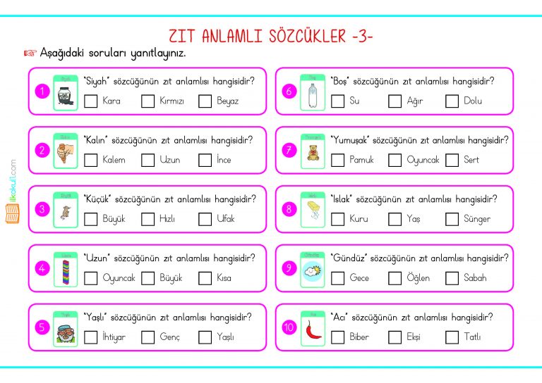 1. Sınıf Zıt Anlamlı Sözcükler -İnteraktif Değerlendirme ve PDF